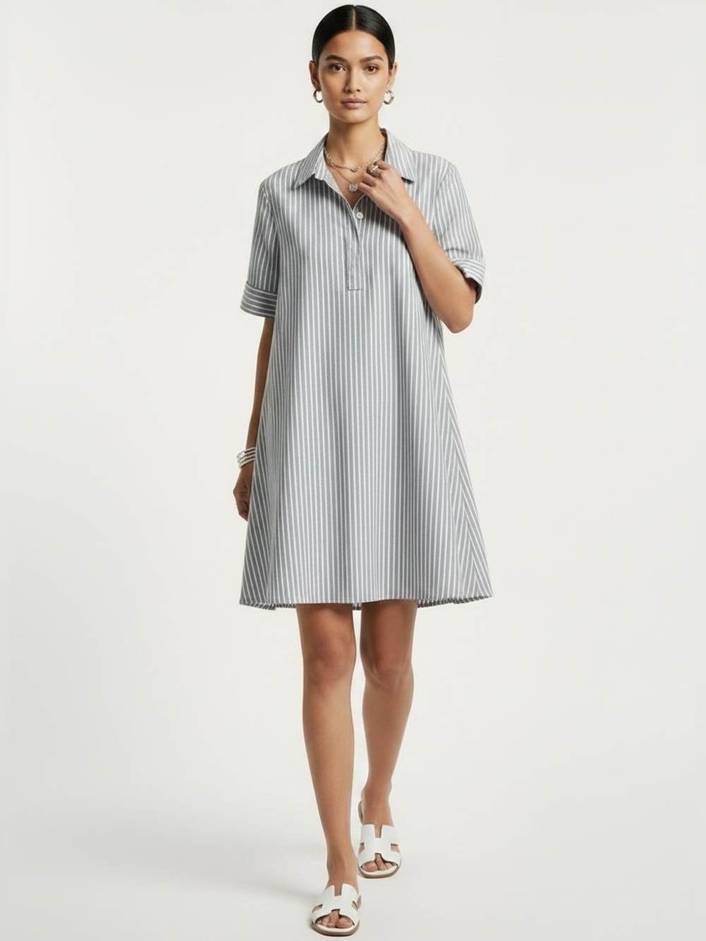 Estelle & Finn Gray Poplin Stretch Cotton Shirt Dress Sz M Minimalist Relaxed